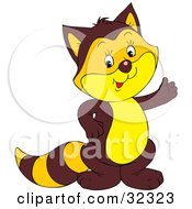 Clipart Illustration Of A Cute Brown Badger Or Raccoon With An Orange And Yellow Face Belly Ears And Tail Stripes Waving by Alex Bannykh