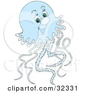 Clipart Illustration Of A Friendly Pale Blue Jellyfish With Green Eyes