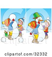 Poster, Art Print Of Two Scenes Of Boys Putting The Final Touches On A Snowman