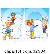 Poster, Art Print Of Two Scenes Of Boys Rolling Giant Snow Balls To Make A Snowman