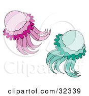 Clipart Illustration Of Two Green And Purple Jellyfish Swimming by Alex Bannykh
