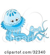Clipart Illustration Of A Blue Jellyfish With Long Tentacles