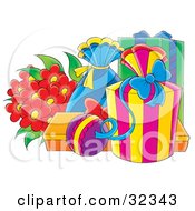 Poster, Art Print Of Bouquet Of Red Flowers Beside Wrapped Birthday Or Anniversary Presents