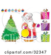 Poster, Art Print Of Santa Claus Standing By A Christmas Tree With Ornaments And Presents On A White Background