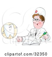 Poster, Art Print Of Tooth Character Talking To A Dentist As He Writes In A Book