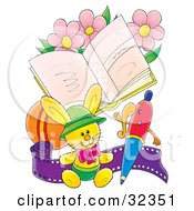 Poster, Art Print Of Stuffed Bunny With A Pen Sitting In Front Of A Book With Pink Flowers A Ball And Roll Of Film