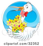 Poster, Art Print Of White Stork Wearing A Red Bow And Carrying A Bouquet Of Yellow Flowers