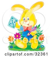 Poster, Art Print Of Yellow Rabbit In Clothes Holding A Pencil And Word Puzzle Walking Through Flowers