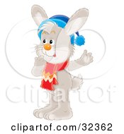 Curious Gray Rabbit In Thought Wearing A Blue Hat And Red Scarf