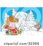 Clipart Illustration Of A Nervous Boy Skiing Looking Back At His Shoulder At A Scary Wolf by Alex Bannykh