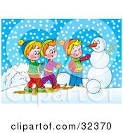 Poster, Art Print Of Two Boys Skiing And Chatting With Another Boy Making A Snowman On A Winter Day