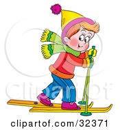 Poster, Art Print Of Little Boy In Winter Clothes Skiing Past