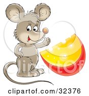 Clipart Illustration Of A Cute Brown Mouse Waving And Standing With A Wedge Of Cheese by Alex Bannykh