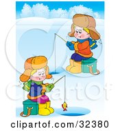 Two Boys Ice Fishing On A Frozen Lake