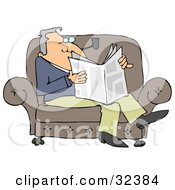 Relaxed Man Sitting On A Couch Smoking A Pipe And Reading A Newspaper