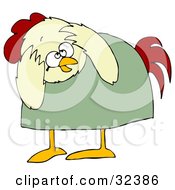 Scared Chicken In A Green Shirt Bending Over And Covering Its Head