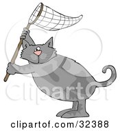 Poster, Art Print Of Gray Cat Standing On Its Hind Legs And Holding Up A Fishing Net