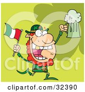 Poster, Art Print Of Happy Red Haired Leprechaun With A God Tooth Dancing With A Flag And Mug Of Beer On A Green Background