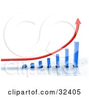 Poster, Art Print Of Blue Bar Graph On A Grid Surface With A Red Arrow Shooting Upwards