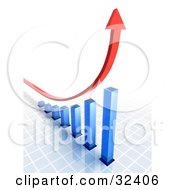 Clipart Illustration Of A Red Arrow Shooting Upwards Over A Blue Bar Graph On A Grid Surface