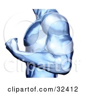 Clipart Illustration Of A Strong Blue Chrome Male Body Builder Flexing His Bicep Muscles