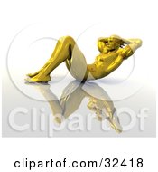 Clipart Illustration Of A Muscular Golden Man In Profile Doing Sit Ups Or Crunches On A Reflective Surface