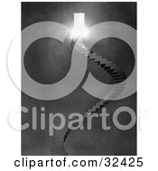 Clipart Illustration Of A Winding Staircase In A Misty Room Leading Upwards To A Doorway With Bright Light Symbolizing Death Success And Hope
