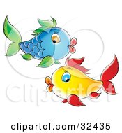Poster, Art Print Of Blue Fish With Green Fins And Puckered Lips Swimming By A Yellow Fish With Red Fins
