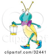 Clipart Illustration Of A Friendly Blue And Yellow Cricket Carrying A Lantern by Alex Bannykh