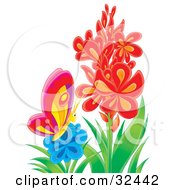 Clipart Illustration Of A Colorful Butterfly In A Blue Flower Near A Stalk Of Red Flowers