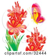 Clipart Illustration Of A Colorful Butterfly Near Stalks Of Red Flowers