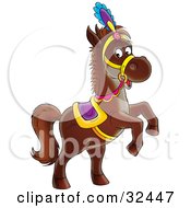 Dark Brown Horse In A Colorful Saddle Hat And Reins Standing Up On Its Hind Legs