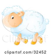 Poster, Art Print Of Happy White Sheep With Fluffy Wool Walking By In Profile