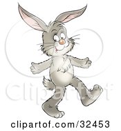 Clipart Illustration Of A Gray Bunny Walking On His Hind Legs And Holding His Arms Out