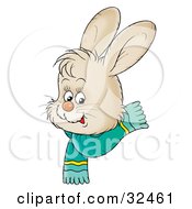 Cute Beige Bunny With Big Ears Wearing A Green Scarf