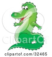 Clipart Illustration Of A Sharp Toothed Green Gator Smiling At The Viewer And Sitting Up On Its Hind Legs