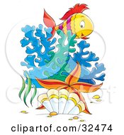 Poster, Art Print Of Starfish By A Clam In Front Of Corals And A Fish Swimming