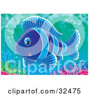 Poster, Art Print Of Cute Striped Blue Fish Swimming With Bubbles Over Colorful Corals