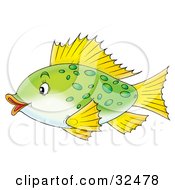 Clipart Illustration Of A Cute Green Spotted Fish With Yellow Fins Swimming With Its Lips Puckered