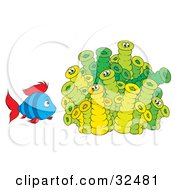 Clipart Illustration Of A Blue And Red Fish Talking To Green Tube Worms