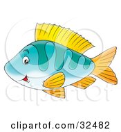 Clipart Illustration Of A Blue Striped Fish With Yellow Fins Smiling While Swimming Past