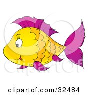 Poster, Art Print Of Scalloped Patterned Yellow Fish With Purple Fins