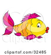 Clipart Illustration Of A Scalloped Patterned Orange And Yellow Fish With Purple Fins And Puckered Lips