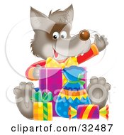 Poster, Art Print Of Happy Wolf Waving And Sitting With Birthday Gifts