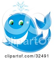 Poster, Art Print Of Happy Blue Whale With Green Eyes Spraying Water Through Its Spout