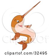 Clipart Illustration Of A Friendly Brown Narwhal Fish With A Horn On Its Nose by Alex Bannykh