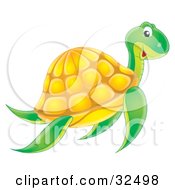Poster, Art Print Of Happy Swimming Green Sea Turtle With A Yellow Shell