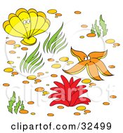 Poster, Art Print Of Yellow Clam Orange Starfish And Red Anemone On A Sea Floor