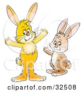 Clipart Illustration Of Two Friendly Yellow And Beige Bunny Waving
