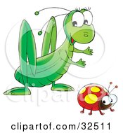Clipart Illustration Of A Friendly Green Grasshopper Socializing With A Ladybug